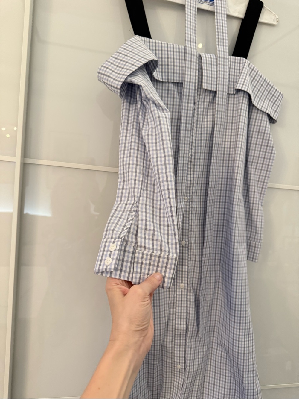 English Factory Blue and White Checked Off-Shoulder Midi Dress